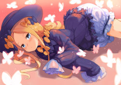 Rule 34 | 1girl, abigail williams (fate), black bow, black dress, black hat, blonde hair, bloomers, blue eyes, blush, bow, bug, butterfly, commentary request, dress, fate/grand order, fate (series), garun wattanawessako, hair bow, hands in opposite sleeves, hat, insect, long hair, long sleeves, looking at viewer, lying, on side, orange bow, parted bangs, parted lips, polka dot, polka dot bow, solo, underwear, very long hair, white bloomers