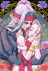 Rule 34 | 1boy, 1girl, bare shoulders, black pants, black shirt, bracelet, closed eyes, closed mouth, collarbone, commentary request, couple, dragon quest, dragon quest iv, dress, earrings, floral background, hairband, hand on another&#039;s face, headband, highres, jewelry, long hair, long sleeves, pants, parted bangs, pink hair, pisaro, pointy ears, puffy long sleeves, puffy sleeves, red eyes, red headband, red sash, rosalie (dq4), sash, shirt, twitter username, upper body, white dress, white hair, yutty