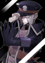 Rule 34 | 1boy, belt, belt buckle, black background, black coat, black hat, brown belt, buckle, closed mouth, coat, commentary request, creatures (company), facial hair, game freak, grey hair, hand on headwear, hat, high collar, highres, ingo (pokemon), looking at viewer, male focus, misumi rei, nintendo, open clothes, open coat, peaked cap, pearl clan outfit, pokemon, pokemon legends: arceus, short hair, sideburns, solo, torn clothes, torn coat
