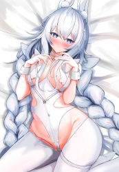 Rule 34 | 1girl, absurdres, animal ears, azur lane, blue eyes, blue hair, blush, braid, breasts, chikirea, closed mouth, covered navel, fake animal ears, feet out of frame, highres, le malin (azur lane), le malin (listless lapin) (azur lane), leotard, light blue hair, long hair, looking at viewer, lying, medium breasts, official alternate costume, on back, on bed, playboy bunny, rabbit ears, solo, star-shaped pupils, star (symbol), symbol-shaped pupils, thighhighs, twin braids, twintails, white thighhighs