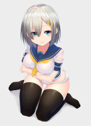 Rule 34 | 10s, 1girl, absurdres, between breasts, black thighhighs, blouse, blue eyes, bob cut, breast hold, breasts, closed mouth, collarbone, crossed arms, eyebrows, full body, grey background, hair between eyes, hair ornament, hair over one eye, hairclip, hamakaze (kancolle), highres, hoshimiya aki, kantai collection, kneeling, looking at viewer, medium breasts, neckerchief, no pants, no shoes, panties, school uniform, serafuku, shirt, short hair, short sleeves, silver hair, smile, solo, thighhighs, underwear, white panties, white shirt, yellow neckerchief