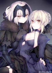 Rule 34 | 2girls, :o, arm around shoulder, armor, armored dress, artoria pendragon (all), artoria pendragon (fate), black background, black cape, black legwear, black ribbon, braid, breastplate, breasts, cape, choker, cleavage, closed mouth, collarbone, cowboy shot, detached sleeves, diamond (shape), dress, fate/grand order, fate (series), fur trim, garter straps, gauntlets, gorget, hair between eyes, hair bun, hair ribbon, hand on another&#039;s head, hand under clothes, headpiece, highres, jeanne d&#039;arc (fate), jeanne d&#039;arc (ruler) (fate), jeanne d&#039;arc alter (avenger) (fate), jeanne d&#039;arc alter (avenger) (first ascension) (fate), jeanne d&#039;arc alter (fate), long hair, long sleeves, medium breasts, multiple girls, obiwan, parted lips, puffy sleeves, purple dress, revision, ribbon, saber (fate), saber alter, silver hair, single hair bun, skirt hold, small breasts, thighhighs, twitter username, yellow eyes