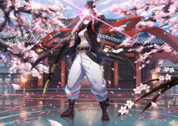 Rule 34 | 1girl, alchemy stars, arm up, bandages, bandeau, belt, black belt, black coat, black footwear, blue sky, boots, breasts, cherry blossoms, chest sarashi, cleavage, coat, commentary request, day, full body, hiiro (alchemy stars), holding, holding sword, holding weapon, katana, long sleeves, medium breasts, midriff, navel, open clothes, open coat, outdoors, pants, peppsi (saba sabasuk0), petals, pink hair, sarashi, scabbard, sheath, short hair, sky, solo, standing, stomach, strapless, sword, tube top, unsheathing, weapon, white pants
