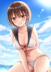 Rule 34 | 1girl, beach, bikini, blue sky, blush, breast hold, breasts, brown eyes, brown hair, cleavage, cloud, commentary request, day, highres, kneeling, large breasts, lens flare, looking at viewer, navel, original, outdoors, piripun, sailor bikini, sailor collar, short hair, sky, solo, swimsuit, water