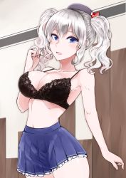 Rule 34 | 1girl, :d, bare arms, bare shoulders, beret, black bra, black hat, blue skirt, blush, bra, breasts, cleavage, collarbone, cosaten, cowboy shot, frilled skirt, frills, hand up, hat, indoors, kantai collection, kashima (kancolle), large breasts, lingerie, miniskirt, navel, open mouth, pleated skirt, short hair, short twintails, sidelocks, silver hair, skirt, smile, solo, standing, stomach, twintails, underwear, wavy hair