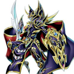 Rule 34 | 1boy, absurdres, armor, cape, highres, holding, holding shield, holding sword, holding weapon, konami, looking to the side, master of chaos, official art, pelvic curtain, red eyes, shield, solo, sword, weapon, yu-gi-oh!