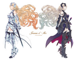 Rule 34 | 2girls, armor, blonde hair, blue eyes, character name, copyright name, dual persona, fate/grand order, fate (series), floating hair, highres, jeanne d&#039;arc (fate), jeanne d&#039;arc (ruler) (fate), jeanne d&#039;arc (third ascension) (fate), jeanne d&#039;arc alter (avenger) (fate), jeanne d&#039;arc alter (avenger) (third ascension) (fate), jeanne d&#039;arc alter (fate), long hair, looking up, multiple girls, takeda yuuko, very long hair, white background