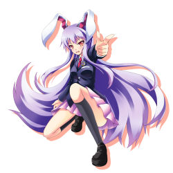 Rule 34 | 1girl, 7nanappe, animal ears, black socks, blazer, crescent, crescent moon, dress shirt, finger gun, full body, jacket, kneehighs, loafers, long hair, long sleeves, looking at viewer, moon, necktie, open mouth, pleated skirt, pointing, pointing up, purple hair, rabbit ears, rabbit girl, rabbit tail, red eyes, red necktie, reisen udongein inaba, shirt, shoes, simple background, skirt, smile, socks, solo, squatting, tail, touhou, very long hair, white background, white shirt