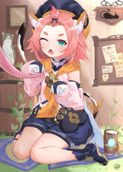 Rule 34 | 1girl, ;o, absurdres, animal ears, animal print, bangs pinned back, barrel, black shorts, cat, cat ears, cat girl, cat print, cat tail, chestnut mouth, cocktail shaker, collar, commentary request, cushion, detached sleeves, diona (genshin impact), forehead, genshin impact, green eyes, hair ribbon, hana (zwjx8425), hat, highres, long sleeves, looking at viewer, one eye closed, paw pose, paw print, pink hair, puffy detached sleeves, puffy shorts, puffy sleeves, ribbon, short hair, shorts, sidelocks, sitting, tail, vision (genshin impact), wariza