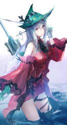 Rule 34 | 1girl, arknights, bare shoulders, breasts, closed mouth, commentary request, detached sleeves, dress, gloves, green gloves, green hat, grey hair, hair between eyes, hand up, hat, highres, long sleeves, medium breasts, red dress, red eyes, red sleeves, skadi (arknights), skadi the corrupting heart (arknights), sleeveless, sleeveless dress, solo, wading, water, weasel (close-to-the-edge), white background, wide sleeves