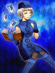 Rule 34 | 1girl, atlus, bare shoulders, book, boots, card, dress, elizabeth (persona), gloves, hat, pantyhose, persona, persona 3, short hair, sleeveless, sleeveless dress, smile, solo, white hair, yellow eyes