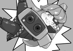 Rule 34 | 1girl, aiming, aiming at viewer, alarm siren, arm cannon, borrowed character, commentary request, crosshair pupils, dress, funpey, grey background, greyscale, grin, highres, joints, long hair, looking at viewer, midair, mimi-sentry, monochrome, original, personification, robot, robot girl, robot joints, sharp teeth, sideways, simple background, smile, solo, team fortress 2, teeth, very long hair, weapon