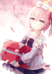 Rule 34 | 1girl, armband, blue archive, blush, box, cherry blossoms, commentary request, enokitake, hat, holding, looking at viewer, nurse cap, petals, pink eyes, pink hair, ribbon, school uniform, serina (blue archive), smile, solo, tree
