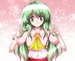 Rule 34 | 1girl, absurdres, ascot, buttons, closed mouth, collared shirt, commentary request, crescent moon, green eyes, green hair, highres, holding, holding wand, kazakome, kazami yuuka, kazami yuuka (pc-98), long hair, moon, pants, plaid, plaid pants, red pants, shirt, short sleeves, smile, solo, star (symbol), starry background, touhou, touhou (pc-98), wand, white shirt, yellow ascot