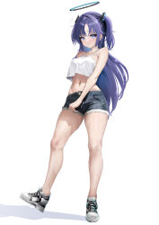 Rule 34 | 1girl, alternate costume, blue archive, blue eyes, blue hair, blush, casual, crop top, denim, denim shorts, from below, full body, halo, highres, looking at viewer, midriff, mitsuame miiro, navel, parted bangs, purple eyes, purple hair, shoes, shorts, simple background, sneakers, solo, tank top, thighs, white tank top, yuuka (blue archive)