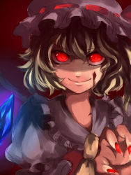 Rule 34 | 1girl, bad id, bad pixiv id, blonde hair, blood, blood on face, close-up, eye focus, female focus, fingernails, flandre scarlet, glowing, glowing eyes, haihai, hat, long fingernails, nail polish, red eyes, red nails, short hair, smile, solo, touhou, wings, you gonna get raped