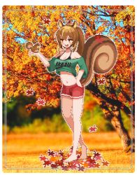 Rule 34 | 1girl, :d, ahoge, animal, animal ears, animal on hand, artist request, autumn leaves, bare legs, bare shoulders, barefoot, blue sky, blush, bra strap, brown eyes, brown hair, clothes writing, commission, crop top, crop top overhang, full body, green shirt, hair between eyes, hand on own hip, large tail, long hair, midriff, navel, off-shoulder shirt, off shoulder, open mouth, original, outdoors, park bokja, pixel art, ponytail, red shorts, second-party source, shirt, short shorts, short sleeves, shorts, sky, smile, solo, squirrel, squirrel ears, squirrel tail, standing, stomach, t-shirt, tail, tree, v-shaped eyebrows
