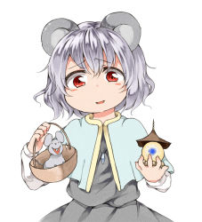 Rule 34 | 1girl, animal ears, basket, bishamonten&#039;s pagoda, capelet, dress, female focus, gem, grey dress, grey hair, jewelry, long sleeves, looking at viewer, mouse (animal), mouse ears, nanana (chicken union), nazrin, necklace, open mouth, pendant, red eyes, short hair, smile, solo, touhou