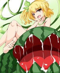 Rule 34 | 1girl, barefoot, blonde hair, food, fruit, hair ornament, highres, karatakewari, leaf, mon-musu quest!, mon-musu quest: paradox, monster girl, nude, plant, red eyes, vines, watermelon, watermelon girl