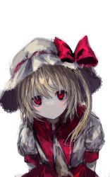 Rule 34 | 1girl, :o, absurdres, amagi xx, ascot, bad id, bad twitter id, blonde hair, blush, bow, flandre scarlet, frills, hat, hat ribbon, highres, mob cap, no wings, one side up, puffy short sleeves, puffy sleeves, red bow, red eyes, red ribbon, red skirt, red vest, ribbon, shirt, short hair, short sleeves, simple background, skirt, solo, touhou, vest, white background, white hat, white shirt, yellow ascot