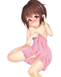 Rule 34 | 10s, 1girl, alternate hairstyle, areola slip, bad id, bad pixiv id, barefoot, blush, breasts, brown eyes, closed mouth, collarbone, embarrassed, tucking hair, head tilt, highres, kono subarashii sekai ni shukufuku wo!, looking at viewer, megumin, naked towel, pink towel, ponytail, ratio (ratio-d), red eyes, revision, shiny skin, short hair, simple background, sitting, small breasts, solo, towel, wet, wet hair, white background