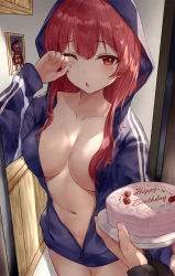 Rule 34 | 1girl, 1other, ;o, asle, birthday, birthday cake, blue hoodie, blue jacket, blush, breasts, cake, collarbone, doorway, food, furrowed brow, hair down, happy birthday, highres, hololive, hood, hood up, hooded jacket, hoodie, houshou marine, jacket, large breasts, long hair, naked hoodie, naked jacket, navel, no bra, no pants, one eye closed, open mouth, out of frame, partially unzipped, picture frame, red eyes, red hair, sleepy, solo focus, virtual youtuber, waking up, zipper pull tab