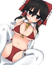 Rule 34 | 1girl, arms behind back, ascot, belly, between breasts, bikini, blush, bow, breasts, closed mouth, commentary request, detached collar, detached sleeves, dutch angle, golgi hon, hair between eyes, hair bow, hair tubes, hakurei reimu, highres, jitome, large breasts, long hair, looking at viewer, navel, red bikini, red bow, ribbon-trimmed legwear, ribbon trim, short hair, sidelocks, simple background, sitting, smile, solo, swimsuit, thighhighs, touhou, white background, white thighhighs