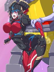 Rule 34 | 1boy, 1girl, arched back, ass, autobot, blue eyes, breasts, flame toys, flame toys windblade, geisha, grimlock, highres, humanoid robot, joints, kibazoku, large breasts, mechanical wings, metal skin, navel, nihongami, open mouth, robot, robot joints, robot sex, sex, shiny skin, sweat, tongue, transformers, windblade, wings