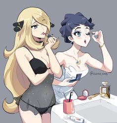 Rule 34 | 2girls, applying makeup, arm under breasts, babydoll, bare shoulders, black babydoll, black hair, black nails, black panties, blonde hair, blue eyes, bottle, breasts, cleavage, collarbone, compact (cosmetics), cosmetics, covered navel, creatures (company), cynthia (pokemon), diantha (pokemon), earrings, eyelashes, eyeshadow, fur collar, game freak, gold bracelet, goro orb, grey background, grey eyes, hair ornament, hair over one eye, highres, holding, holding lipstick tube, jewelry, large breasts, lipstick tube, long hair, makeup, medium breasts, multiple girls, nail polish, naked towel, necklace, nintendo, open mouth, panties, parted lips, perfume bottle, pokemon, pokemon dppt, pokemon xy, red lips, short hair, sink, spaghetti strap, toothbrush, towel, underwear, underwear only, very long hair