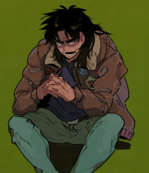 Rule 34 | 1boy, black eyes, black hair, black shirt, blue pants, bomber jacket, brown jacket, commentary request, feet out of frame, green background, highres, interlocked fingers, inudori, itou kaiji, jacket, kaiji, long hair, long sleeves, looking at viewer, lower teeth only, male focus, medium bangs, open clothes, open jacket, open mouth, own hands together, pants, parted bangs, patch, shirt, simple background, sitting, smile, solo, teeth