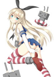 Rule 34 | &gt; &lt;, 10s, 1girl, anchor hair ornament, ass, bad id, bad pixiv id, bare shoulders, black neckerchief, black panties, blonde hair, blue eyes, closed eyes, elbow gloves, gloves, hair ornament, head tilt, kantai collection, leg up, lifebuoy, long hair, looking at viewer, neckerchief, panties, pantyshot, pleated skirt, rensouhou-chan, ro-ichi, sailor collar, shimakaze (kancolle), skirt, smile, solo, striped clothes, striped thighhighs, swim ring, thighhighs, thong, triangle mouth, underwear, upskirt, white background, white gloves, | |