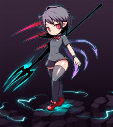 Rule 34 | 1girl, asymmetrical wings, bad id, bad pixiv id, black dress, black hair, black thighhighs, dress, hakika, houjuu nue, pointy ears, polearm, red eyes, red footwear, shoes, slit pupils, standing, thighhighs, touhou, trident, weapon, wings, wristband, zettai ryouiki