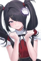 Rule 34 | 1girl, absurdres, ame-chan (needy girl overdose), asymmetrical bangs, bare arms, black eyes, black hair, clenched hands, commentary, cursor, hair ornament, hair over one eye, hairclip, headpat, highres, long hair, looking at viewer, needy girl overdose, one eye covered, p00nipooni, simple background, smile, solo, symbol-only commentary, twintails, upper body, white background, x hair ornament