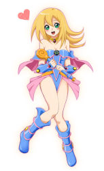 Rule 34 | 1girl, :d, bad id, bad pixiv id, bare shoulders, blonde hair, blue footwear, blush stickers, boots, bracer, breasts, chiyo (no3baki), choker, cleavage, dark magician girl, duel monster, full body, green eyes, heart, knees together feet apart, large breasts, long hair, looking at viewer, no headwear, no headwear, open mouth, pentacle, smile, solo, staff, yu-gi-oh!, yu-gi-oh! duel monsters