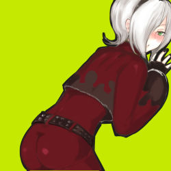 Rule 34 | 1boy, androgynous, ash crimson, ass, aya (min412), belt, bent over, blush, crossdressing, freckles, green eyes, hairband, male focus, pants, red pants, snk, solo, the king of fighters, trap, tsubasatsukinoa, white hair