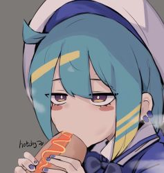 Rule 34 | 1girl, ahoge, blue hair, blush stickers, bow, bowtie, bright pupils, duel monster, ear piercing, eating, female focus, food, grey background, hat, highres, holding, holding food, hot dog, jitome, lil-la (yu-gi-oh!), live twin lil-la, multicolored hair, nail polish, piercing, purple eyes, sailor hat, sexually suggestive, simple background, solo, soya6479, white pupils, yu-gi-oh!
