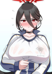 Rule 34 | 1girl, :t, absurdres, black hair, blue archive, blush, breasts, choker, gym uniform, hair between eyes, half-closed eyes, halo, hasumi (blue archive), hasumi (track) (blue archive), highres, huge breasts, mole, mole under eye, partially unzipped, pout, red eyes, shirt, solo, upper body, wavy mouth, white shirt, zedxxx, zipper pull tab