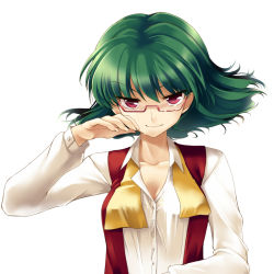 Rule 34 | 1girl, ascot, bad id, bad pixiv id, bespectacled, breasts, cleavage, female focus, glasses, green hair, kazami yuuka, narumizg, red eyes, sexually suggestive, short hair, simple background, smile, solo, touhou, untied, vest, white background