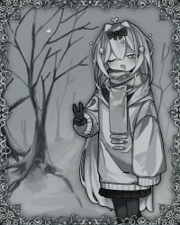 Rule 34 | 1girl, arm at side, bare tree, blush, border, bow, commentary request, crescent moon, extra pupils, gloves, greyscale, hair bow, hair intakes, hand up, heart, highres, hood, hood down, hooded jacket, jacket, long hair, long sleeves, looking at viewer, monochrome, moon, night, one eye closed, open mouth, original, ornate border, outdoors, pantyhose, pleated skirt, scarf, single sleeve past fingers, skirt, smile, snow, solo, standing, tree, upa (inoupa1215), v, very long hair