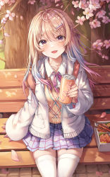 Rule 34 | 1girl, absurdres, bench, bento, blonde hair, blush, can, cherry blossoms, collarbone, collared shirt, hair ornament, hairclip, highres, holding, holding can, jacket, long hair, long sleeves, looking at viewer, open mouth, original, outdoors, petals, pink neckwear, pleated skirt, purple eyes, purple skirt, school uniform, shirt, sitting, skirt, smile, solo, starlime, sweater vest, thighhighs, white jacket, white thighhighs