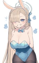 Rule 34 | 1girl, animal ears, arms behind back, asuna (blue archive), asuna (bunny) (blue archive), blue archive, blue bow, blue bowtie, blue eyes, blue halo, blue leotard, bow, bowtie, breasts, cleavage, detached collar, fake animal ears, hair over one eye, halo, large breasts, leotard, long bangs, long hair, looking at viewer, official alternate costume, pantyhose, playboy bunny, rabbit ears, smile, solo, strapless, strapless leotard, white background, wotakana s