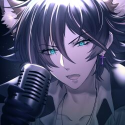 Rule 34 | 1boy, animal ears, aqua eyes, black hair, earrings, extra ears, fox boy, fox ears, holding, holding microphone, jewelry, looking at viewer, male focus, mel6969, microphone, multicolored hair, music, necklace, open mouth, short hair, show by rock!!, shu zo (show by rock!!), singing, solo, white hair