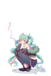 Rule 34 | 1girl, aqua hair, black footwear, black jacket, black pants, blue eyes, buling q, can, cigarette, cigarette butt, closed mouth, commentary, cytus, cytus ii, frown, full body, fur-trimmed jacket, fur trim, grey shirt, hatsune miku, headphones, highres, jacket, long hair, long sleeves, looking at viewer, off shoulder, pants, shirt, shoes, simple background, sleeveless, sleeveless shirt, smoke, smoking, solo, squatting, tattoo, twintails, very long hair, vocaloid, white background