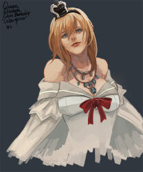 Rule 34 | 1girl, black hairband, blonde hair, blue eyes, blue gemstone, bow, bowtie, breasts, character name, cleavage, closed mouth, commentary request, crown, dress, flower, gem, grey background, hair between eyes, hairband, jewelry, kantai collection, large breasts, long hair, long sleeves, looking at viewer, mini crown, necklace, off-shoulder dress, off shoulder, red bow, red bowtie, red flower, red rose, rose, signature, smile, solo, upper body, warspite (kancolle), white dress, zi tsas