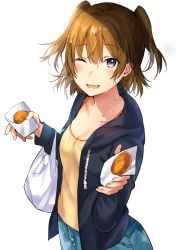Rule 34 | 1girl, ;d, black jacket, blue shorts, breasts, brown eyes, brown hair, cleavage, collarbone, food, hair between eyes, holding, holding food, jacket, medium breasts, one eye closed, open clothes, open jacket, open mouth, original, shirt, short hair, short twintails, shorts, simple background, smile, solo, standing, sweat, tan (tangent), twintails, two side up, white background, yellow shirt