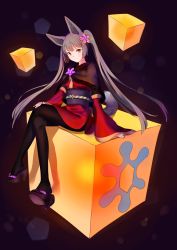 Rule 34 | 1girl, absurdres, animal ears, black pantyhose, blush, breasts, capelet, closed mouth, crossed legs, cube, detached sleeves, fox ears, fox tail, full body, grey hair, head tilt, highres, inuko (redconstellation), looking at viewer, obi, pantyhose, pixiv fantasia, pixiv fantasia t, platform clogs, platform footwear, sandals, sash, sitting, sleeves past wrists, solo, tail, twintails, wide sleeves, yellow eyes