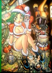 Rule 34 | absurdres, breasts, christmas, cleavage, daxter, green eyes, green hair, hat, highres, jak and daxter, keira hagai, legs, naughty dog, pointy ears, puckered lips, santa costume, santa hat, short shorts, shorts, solo, thighs