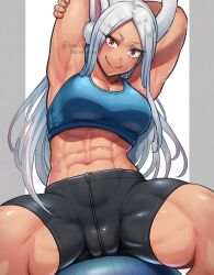 Rule 34 | 1girl, abs, animal ears, arm behind head, arm up, armpits, ball, bare shoulders, bike shorts, black shorts, blue sports bra, boku no hero academia, breasts, collarbone, dark-skinned female, dark skin, exercise ball, hand on own arm, harurukan, highres, large breasts, long eyelashes, long hair, looking at viewer, mirko, muscular, muscular female, navel, parted bangs, pillarboxed, rabbit ears, rabbit girl, red eyes, shorts, sitting, sitting on object, smile, solo, sports bra, spread legs, stomach, stretching, thick thighs, thighs, twitter username, very long hair, white hair