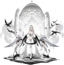 Rule 34 | 1girl, absurdres, apron, azur lane, bare shoulders, bird, black feathers, black footwear, black skirt, black wings, braid, breasts, cannon, cleavage, cleavage cutout, closed mouth, clothing cutout, crow, dress, elbow gloves, feathers, flower, frilled dress, frilled skirt, frills, full body, gloves, hagi (ame hagi), hair ornament, high heels, highres, large breasts, long hair, looking at viewer, low twintails, low wings, maid, maid apron, non-web source, official art, own hands together, pantyhose, red eyes, rigging, scylla (azur lane), skirt, smile, solo, torpedo tubes, transparent background, turret, twintails, very long hair, white dress, white flower, white gloves, white hair, white pantyhose, wings