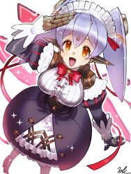 Rule 34 | 1girl, :d, android, arm up, black skirt, bow, breasts, brown eyes, center frills, dutch angle, eyebrows hidden by hair, frills, hair between eyes, highres, juliet sleeves, kyosuke1413koba, long hair, long sleeves, maid headdress, mechanical hands, mechanical legs, medium breasts, open mouth, poppi (xenoblade), puffy sleeves, purple hair, red bow, shirt, skirt, smile, solo, standing, twintails, white background, white shirt, xenoblade chronicles (series), xenoblade chronicles 2
